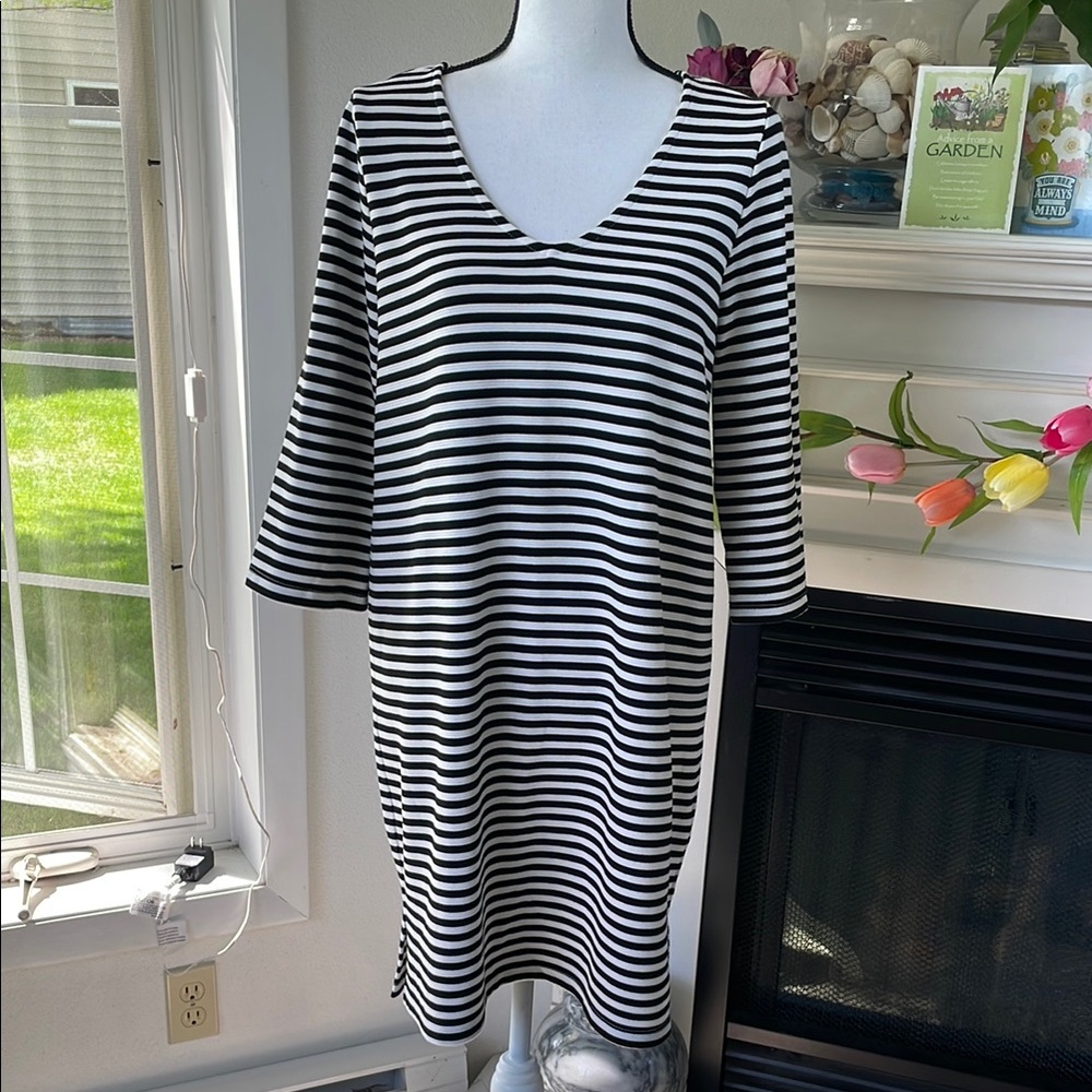 Black & White Striped V-Neck Shift Dress